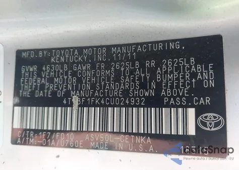 2012 Toyota Camry Le from USA, damaged, VIN 4T1BF1FK4CU024932
